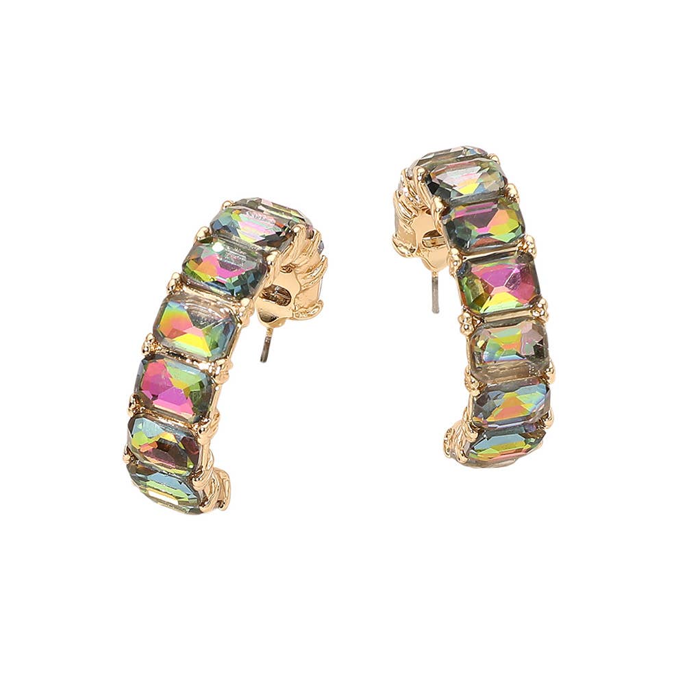 Faceted Rectangular Gem Curved Hoop Earrings: AB,Gold