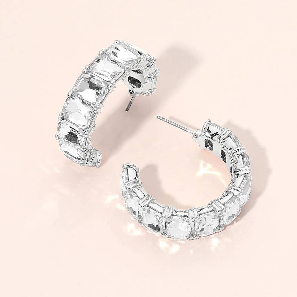 Faceted Rectangular Gem Curved Hoop Earrings: Champagne,Gold