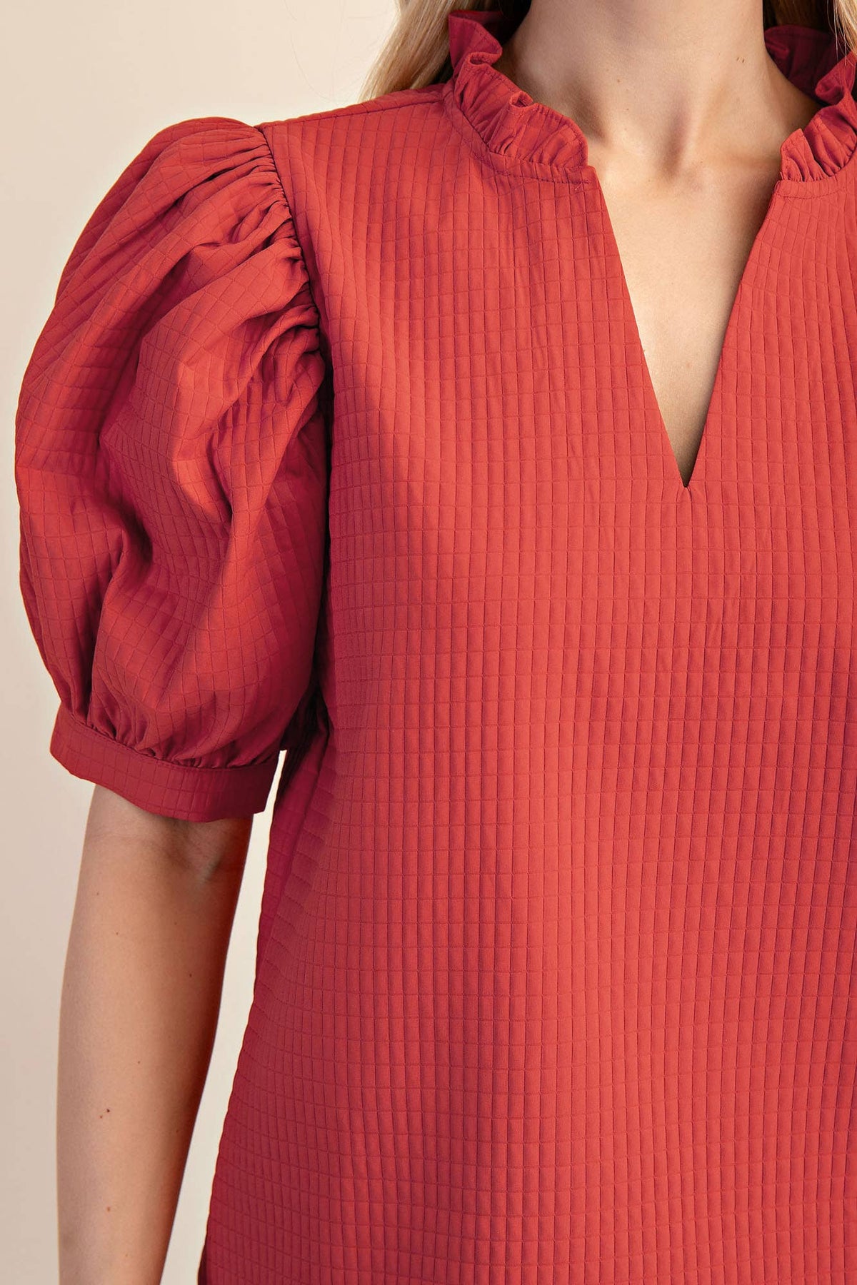 Puff Sleeve Ruffle V-Neck Textured Top: Beige