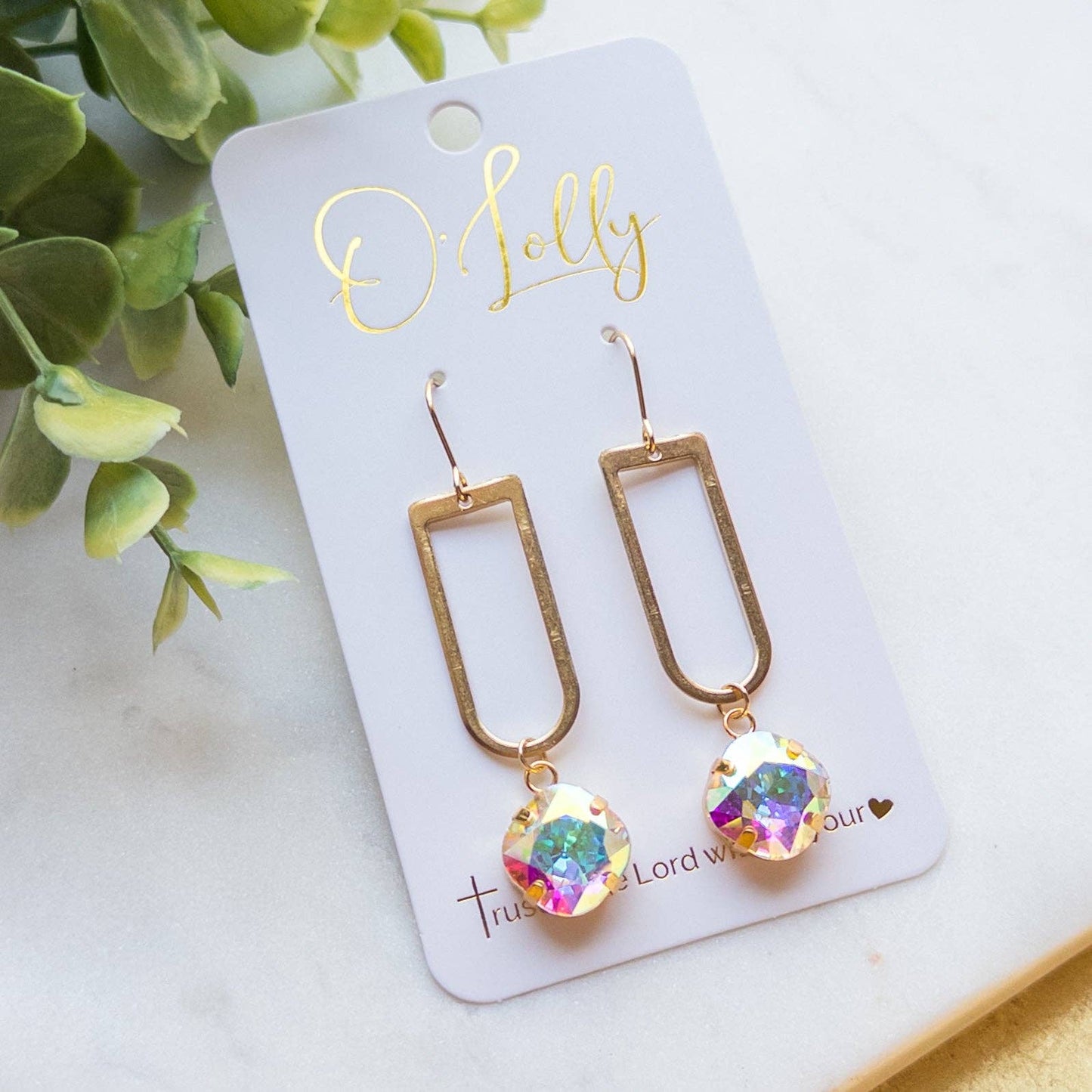Open Gold Shaped Dangle Earrings w/AB Stone “Julie”