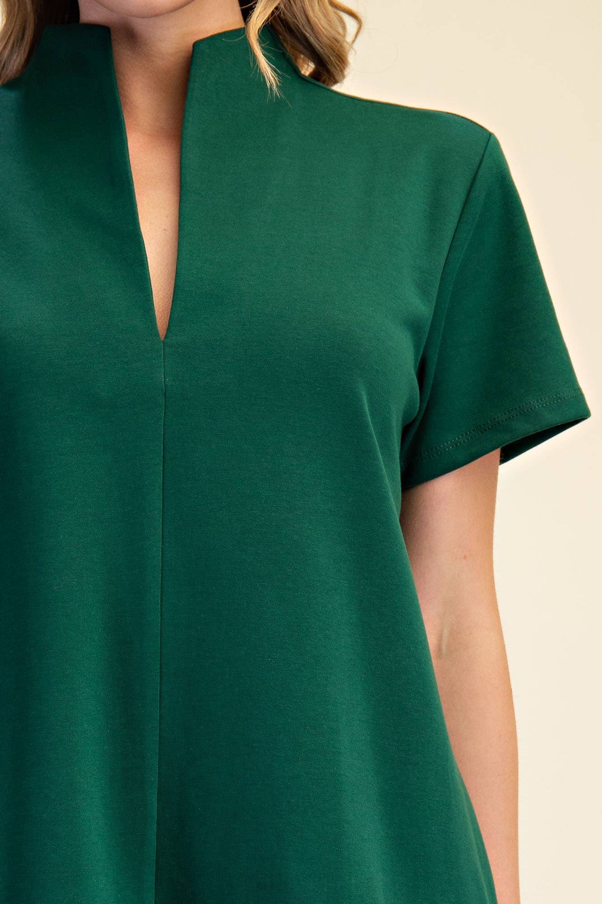 Stand Collar V-Neck Slit Dress: Hunter Green