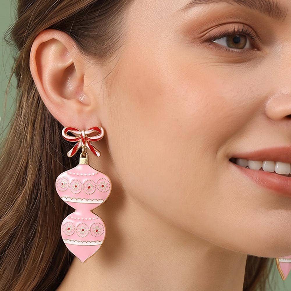 Triple Enamel Christmas Bow Ornament Link Drop Earrings: Gold,Red