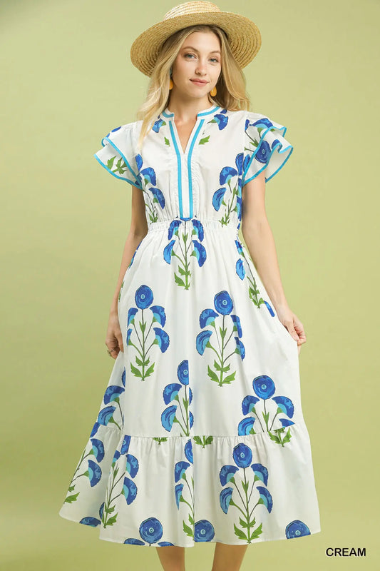 Cream & Blue Floral Midi Dress