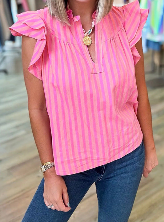 Pink Stripe Ruffle Top