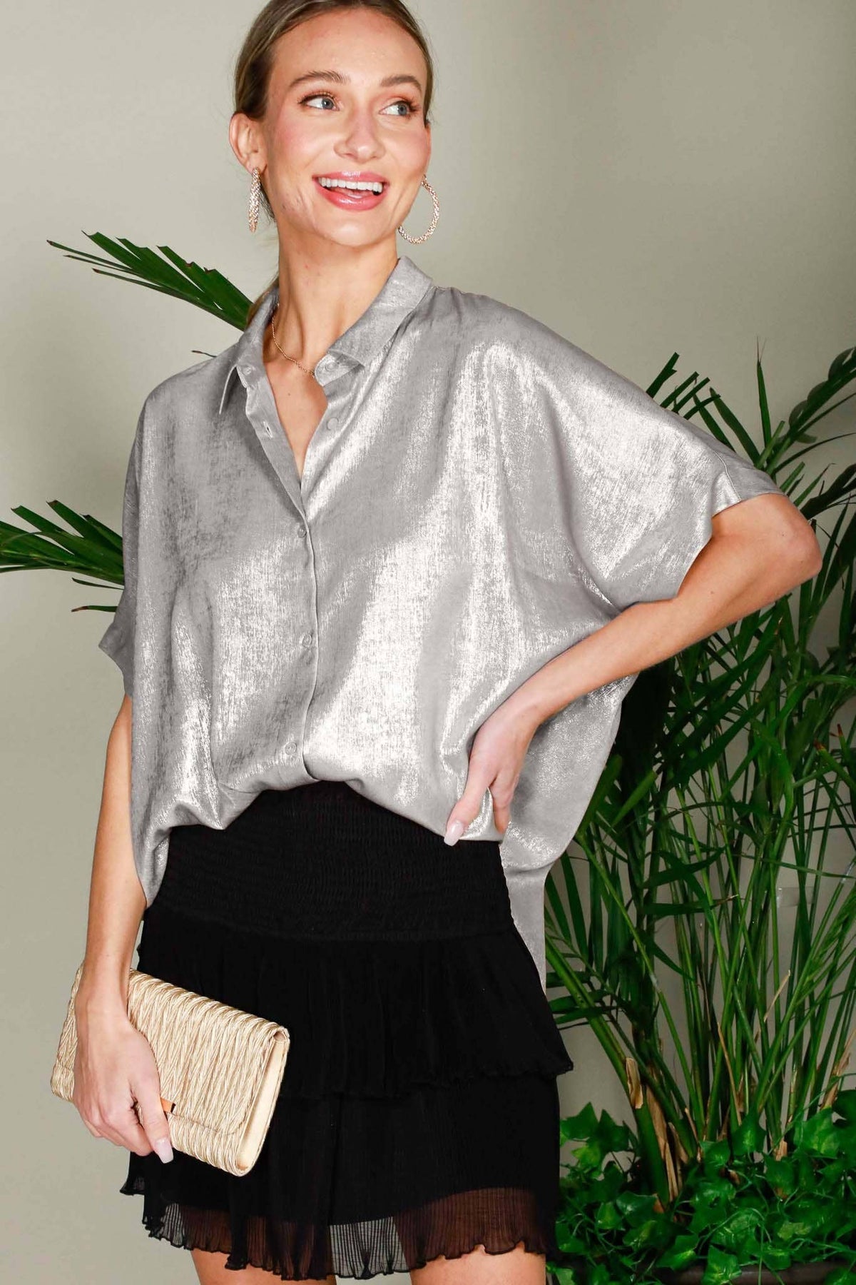 Collared Neck Button Down Metallic Woven Top Gold