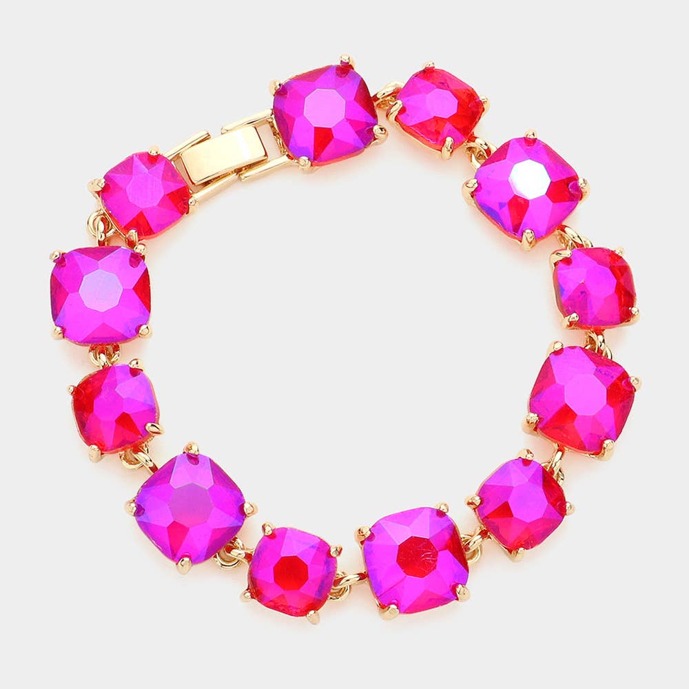 Cushion Square Stone Link Evening Bracelet: Red