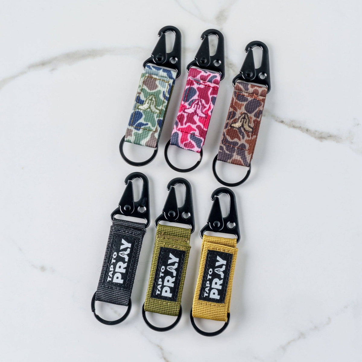 Tap To Pray® Tactical Carabiner Keychain: Moss Camo