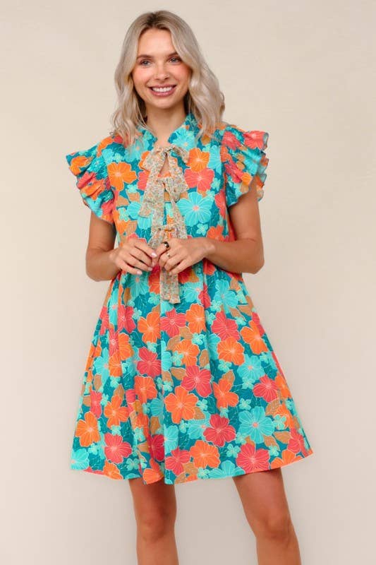 Floral Chiffon Dress W/ Ruffle Short Sleeves