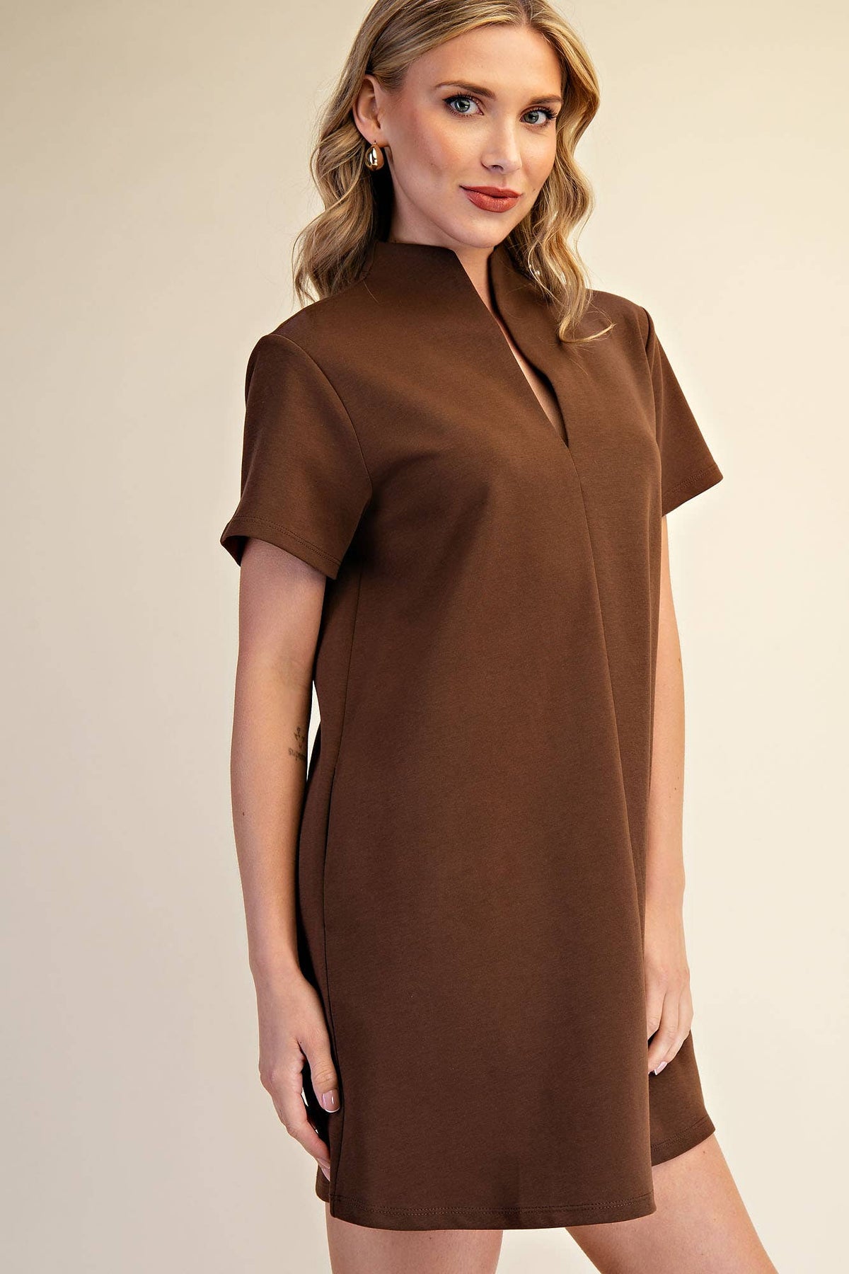 Stand Collar V-Neck Slit Dress: Hunter Green