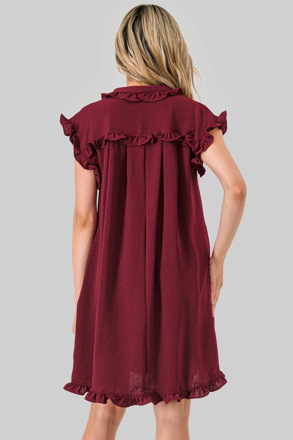 Avery Game Day Ruffle Button Down Dress Burgundy