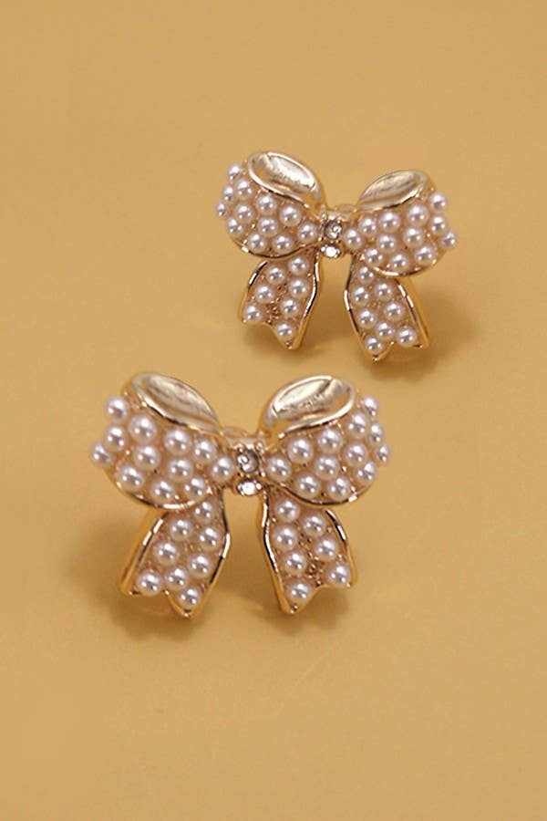 MINI PEARL BOW RIBBON GOLD EARRINGS | Gold