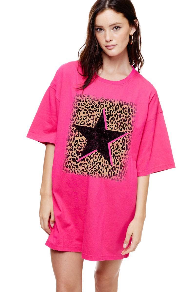 Leopard Pink Star Vintage Oversized Graphic Top: FUCHSIA