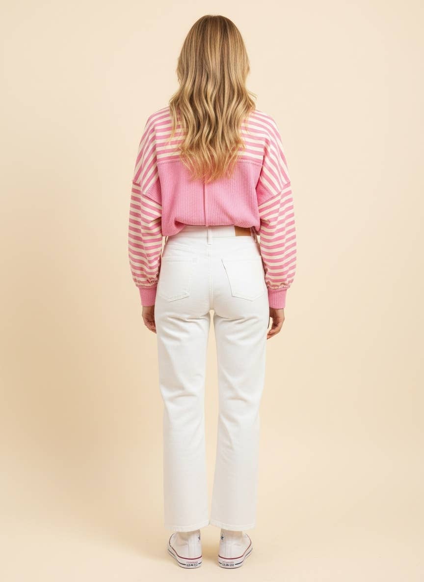 HT20276 Striped Drop-Shoulder Pullover Sweatshirt: CREAM/OLIVE / 2-2-2(S-M-L)