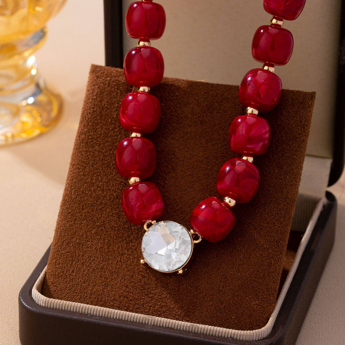 Resin Bead Round Crystal Pendant Necklace | RED