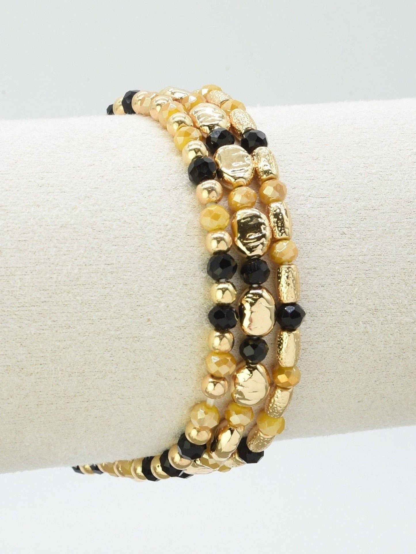 3 Piece CCB Metal Glass Bead Stretch Bracelet Set: Black Red