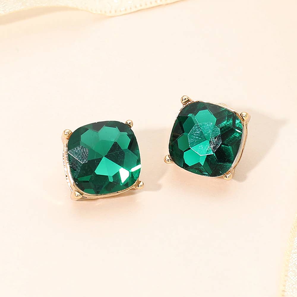 Square Cushion Stud Earrings: Emerald,Gold