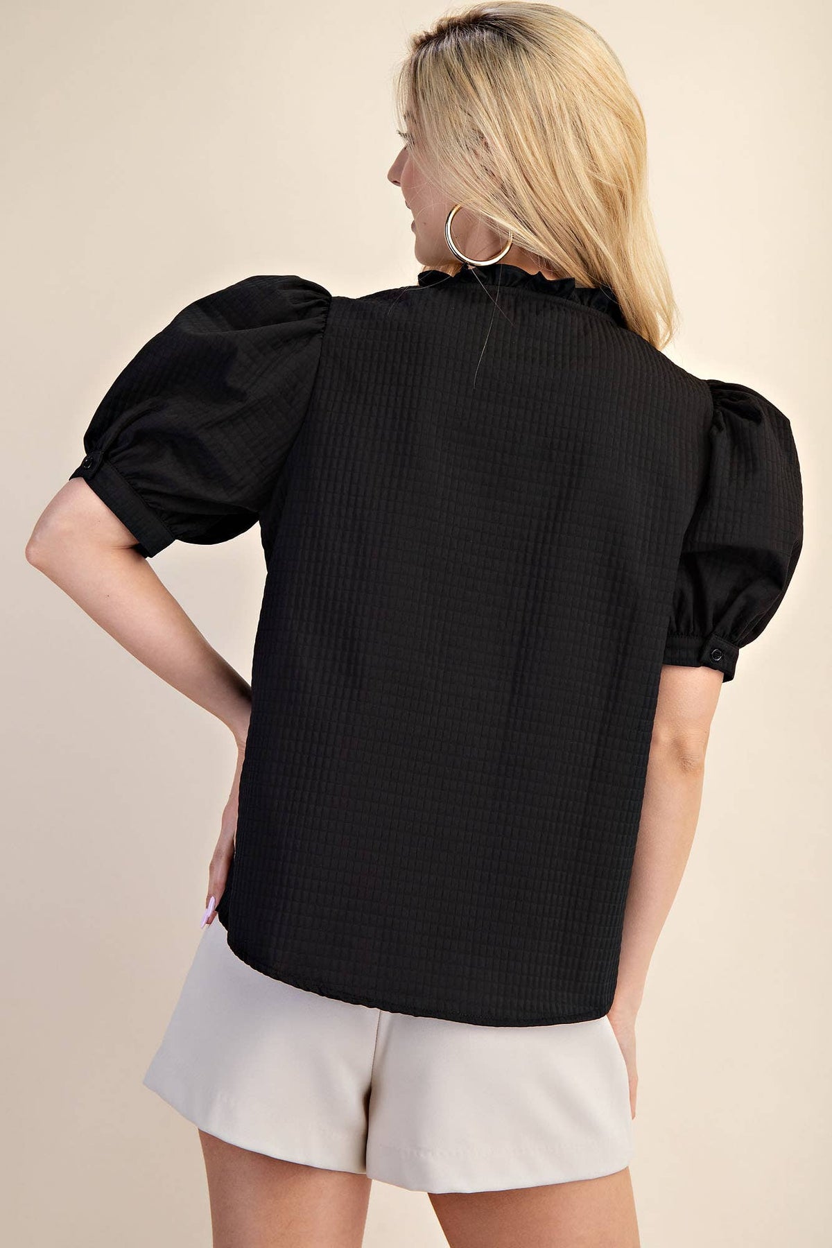 Puff Sleeve Ruffle V-Neck Textured Top: Beige