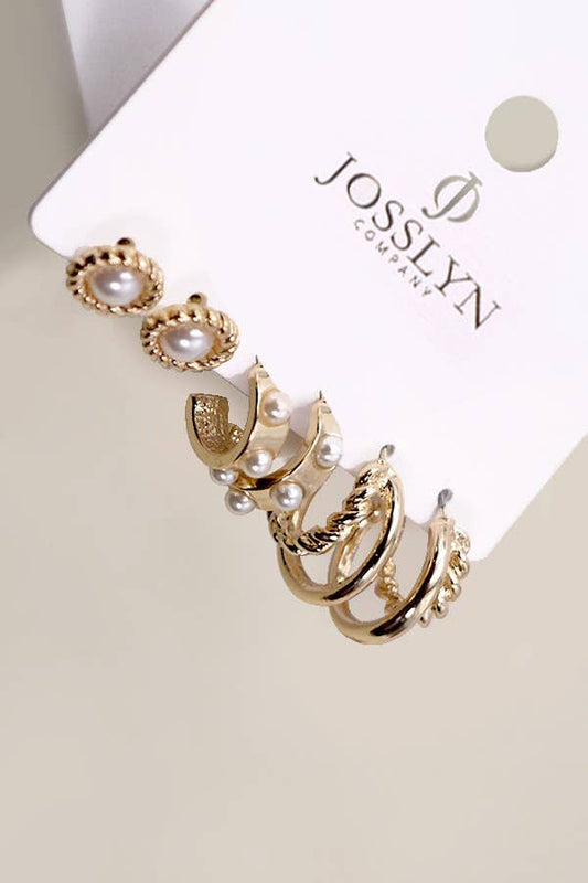 GOLD PEARL HOOP STUD TRIO EARRINGS | 80E2990: GOLD