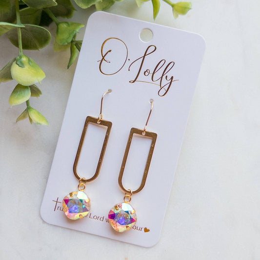Open Gold Shaped Dangle Earrings w/AB Stone “Julie”
