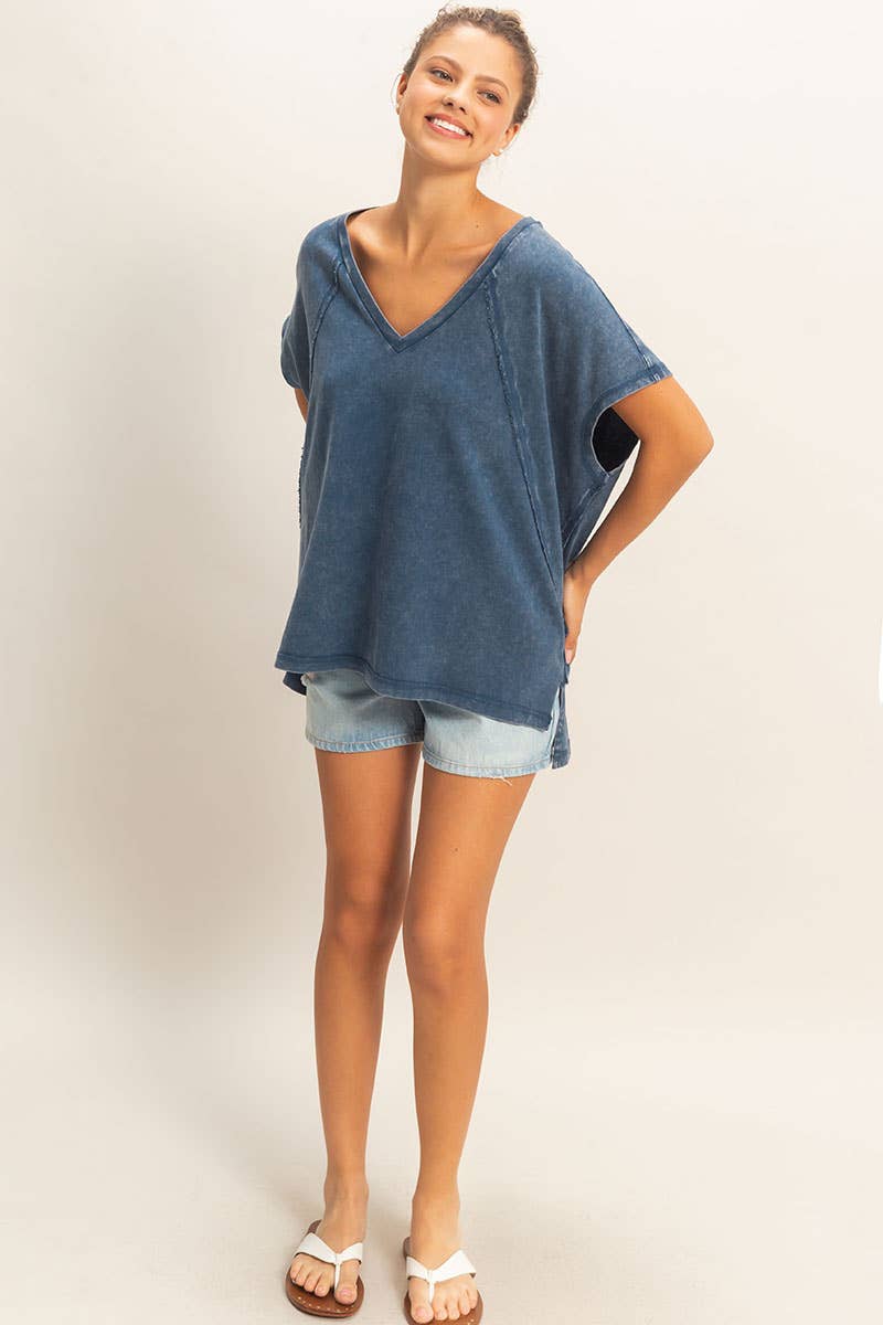 Oversized V-Neck Mineral Washed Top: DARK TEAL