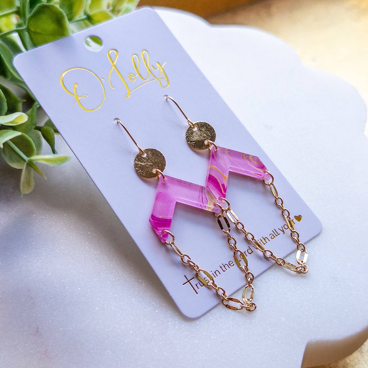 Pink Geo Chain Drop Earrings “Gia”