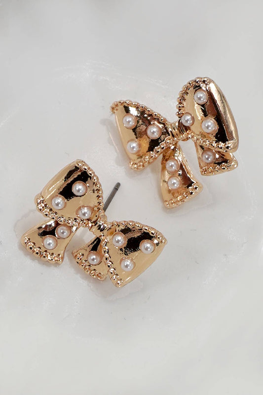 BOW PEARL STUD EARRINGS |Gold