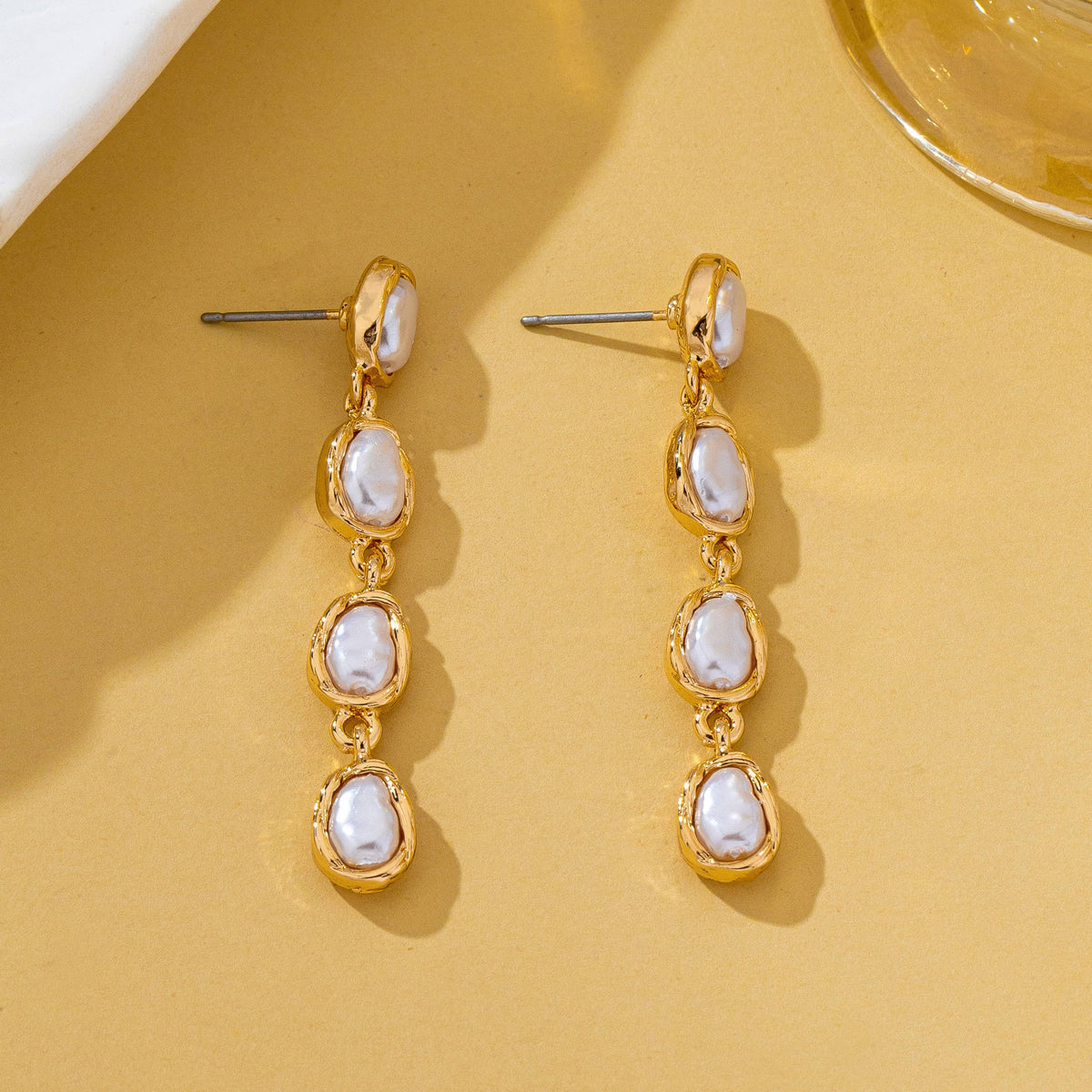 Organic Baroque Pearl Linear Drop Earrings Gold