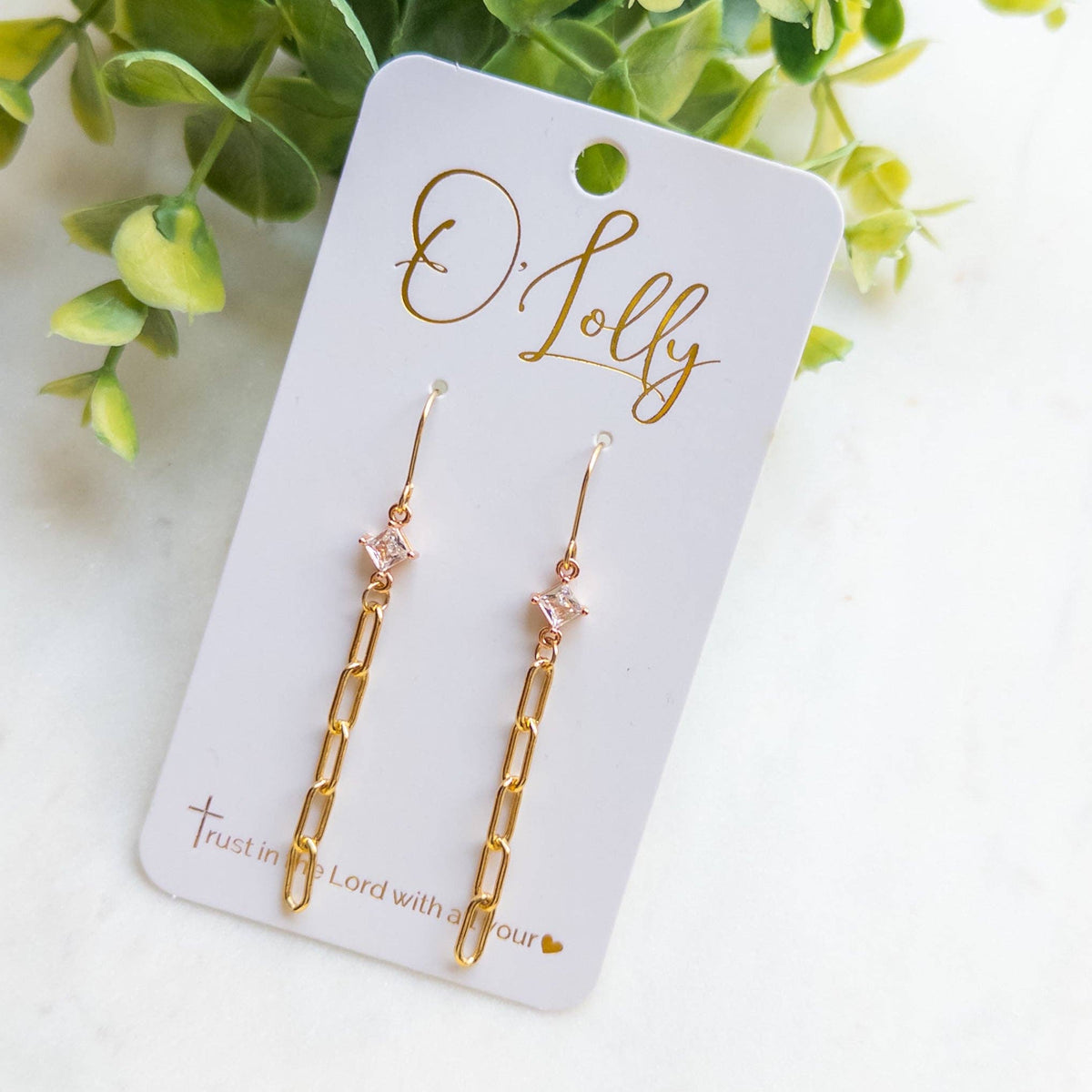 18k Gold Plated Chain w/CZ Connector Dangle Earrings