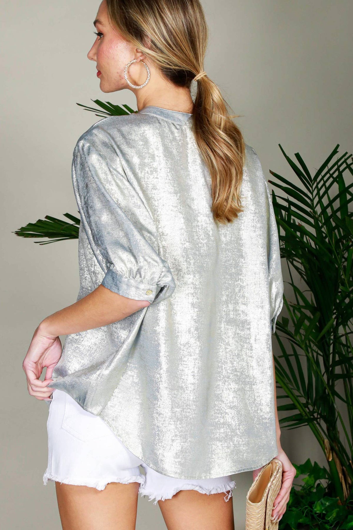 Henley Neckline Metallic Woven Top Gold