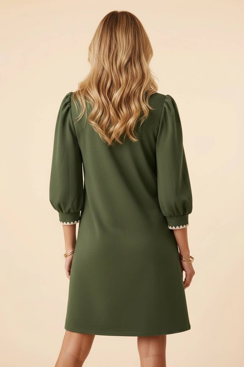 HD50137 Scallop Trim Puff Sleeve Mini Shift Dress : OLIVE / 2-2-2(S-M-L)