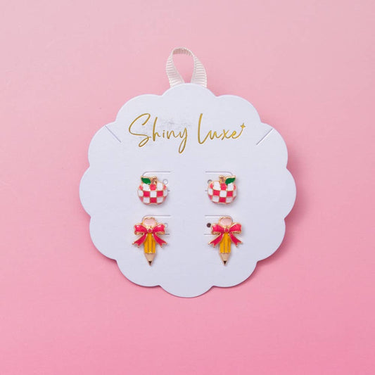 Pencil and Checkered Apple Post Earrings