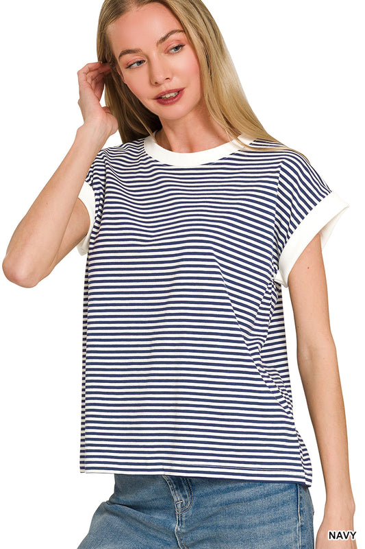 Simple Striped Tee-Navy