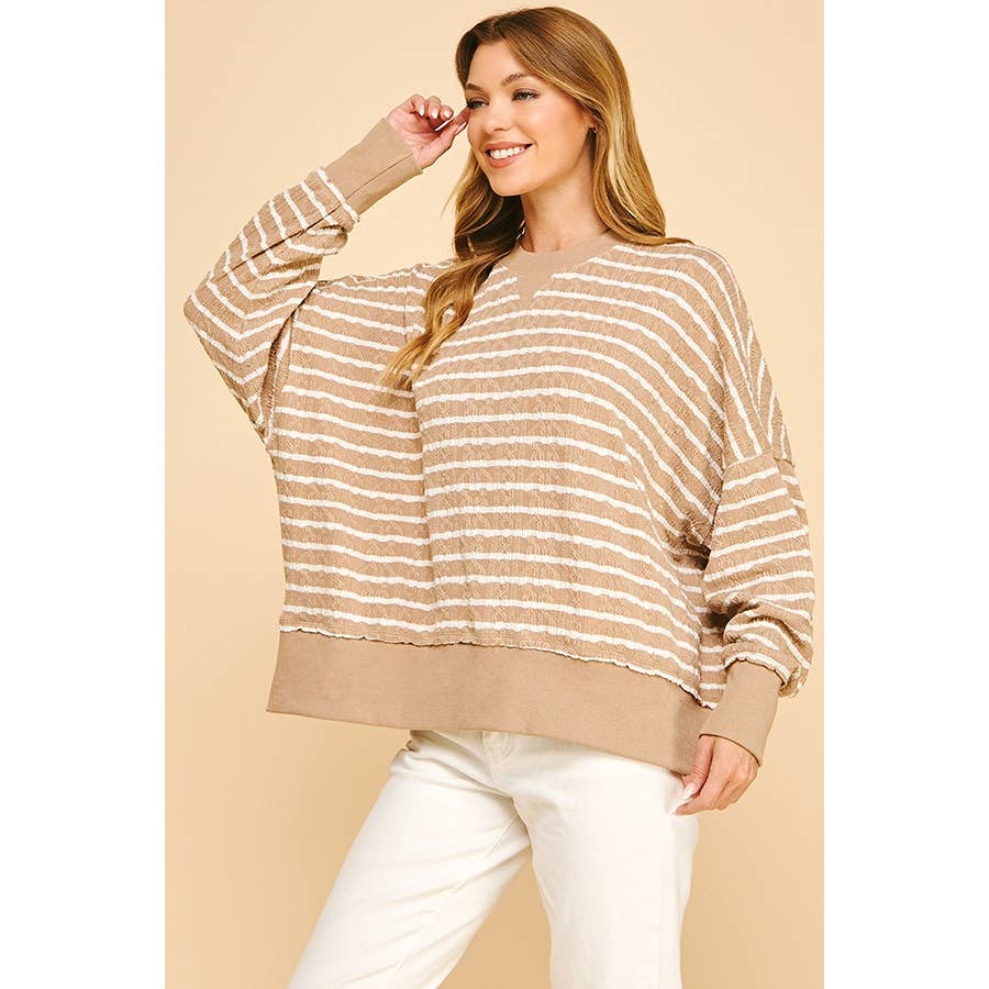 Relaxed Fit Textured Striped Pullover Top: Brown