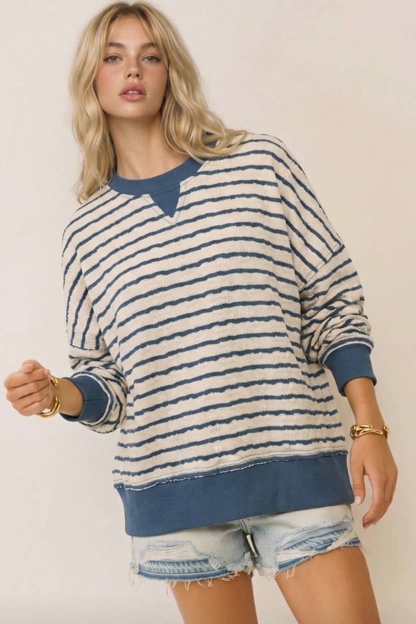 Relaxed Fit Textured Striped Pullover Top: Brown