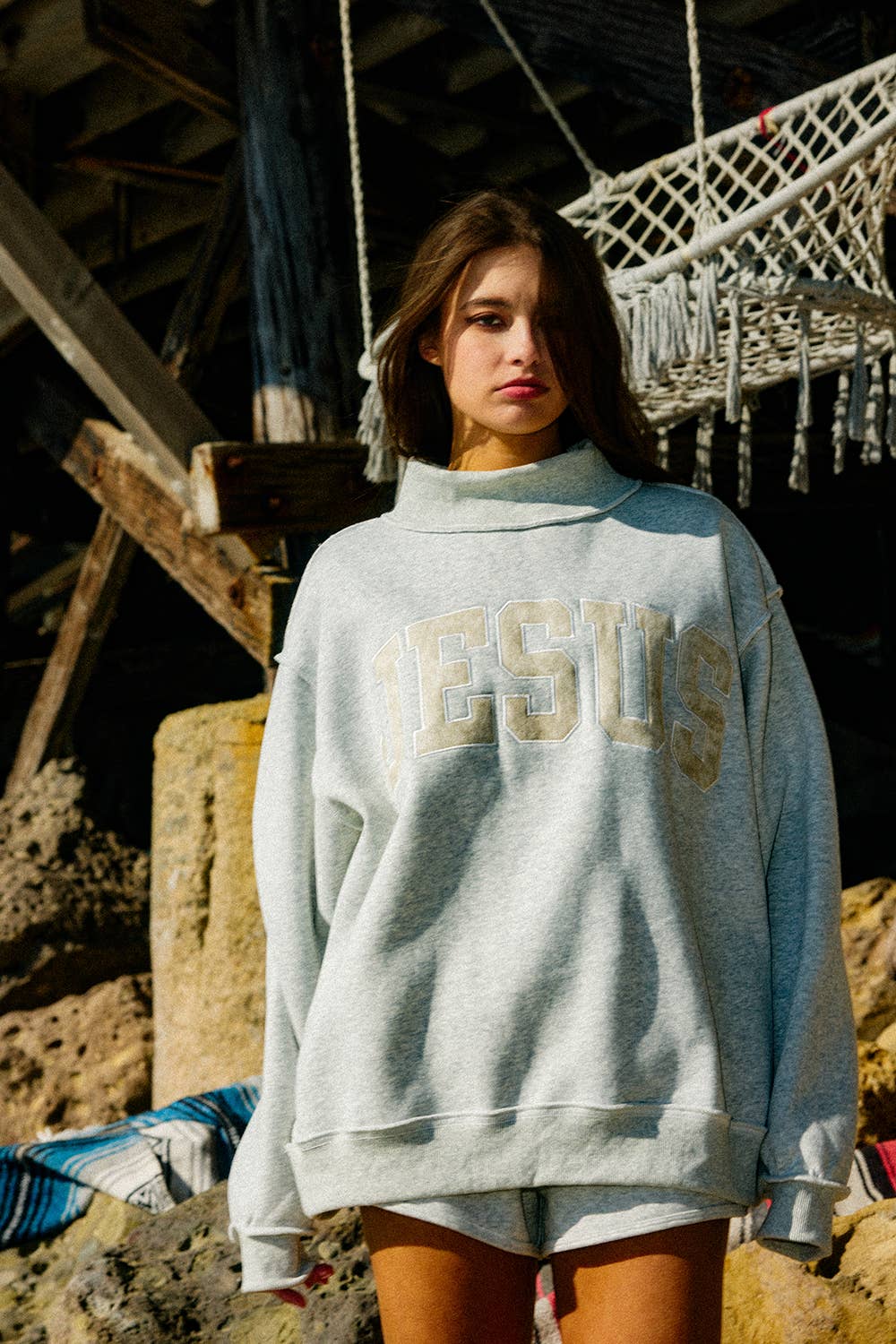Jesus | Camo Embroidered Mockneck Sweatshirt: BUBBLEGUM PINK