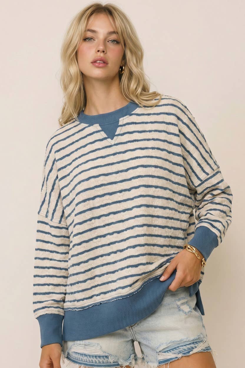 Relaxed Fit Textured Striped Pullover Top: Brown