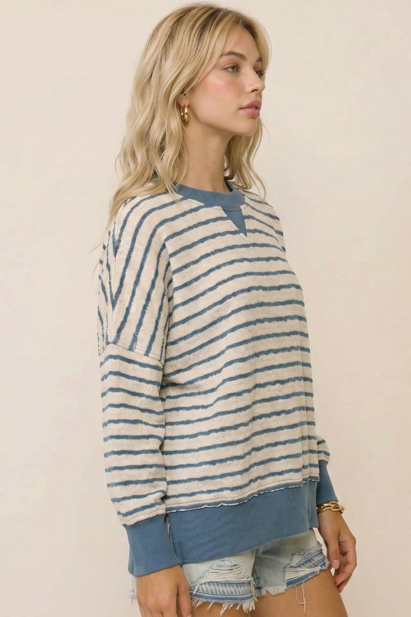 Relaxed Fit Textured Striped Pullover Top: Brown