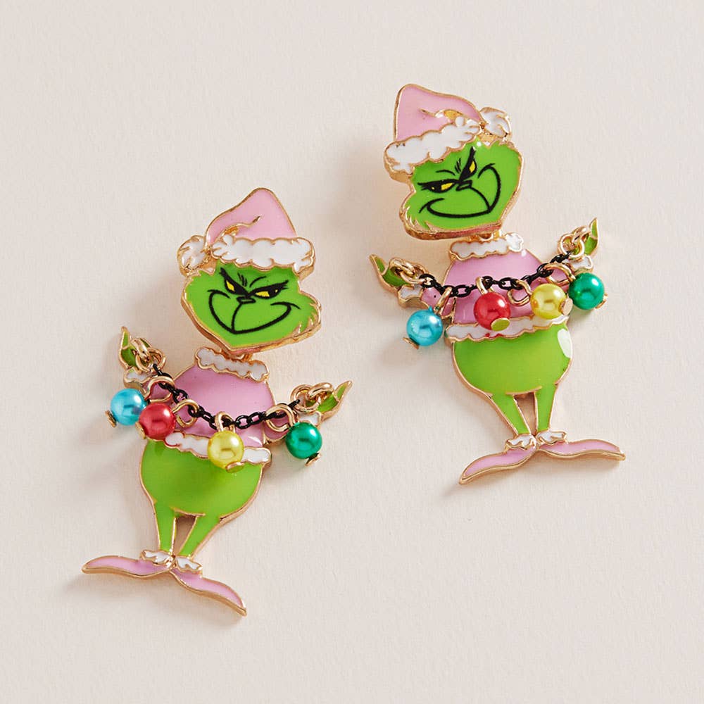 Holiday Grinch Green Monster with Ornament Earrings: Pink
