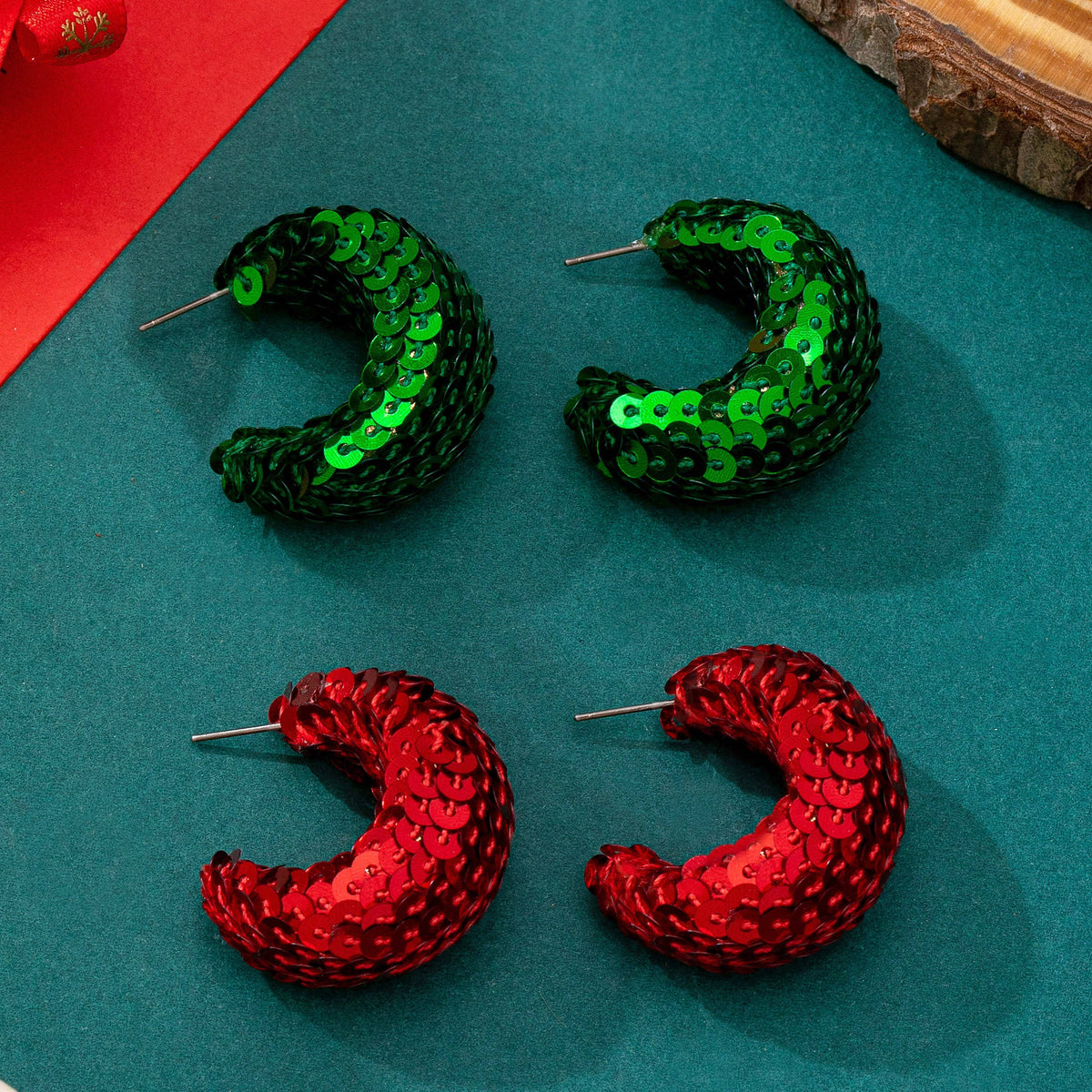 Christmas Red and Green Sequin Chunky Earrings RED