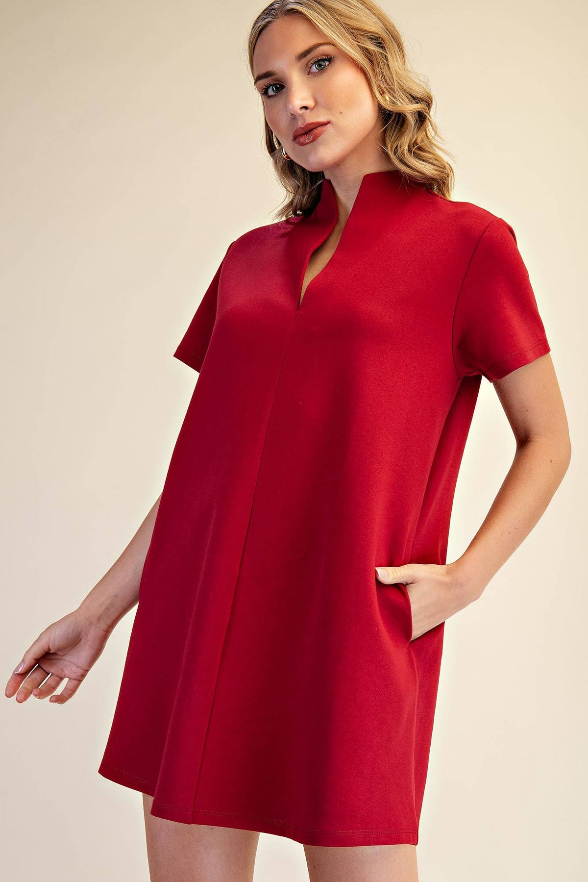 Stand Collar V-Neck Slit Dress: Hunter Green