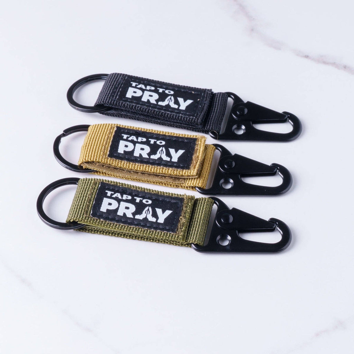 Tap To Pray® Tactical Carabiner Keychain: Moss Camo
