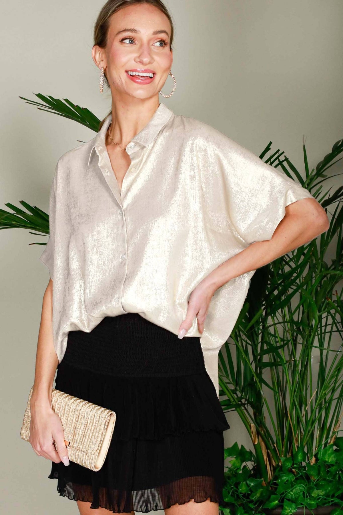 Collared Neck Button Down Metallic Woven Top Gold