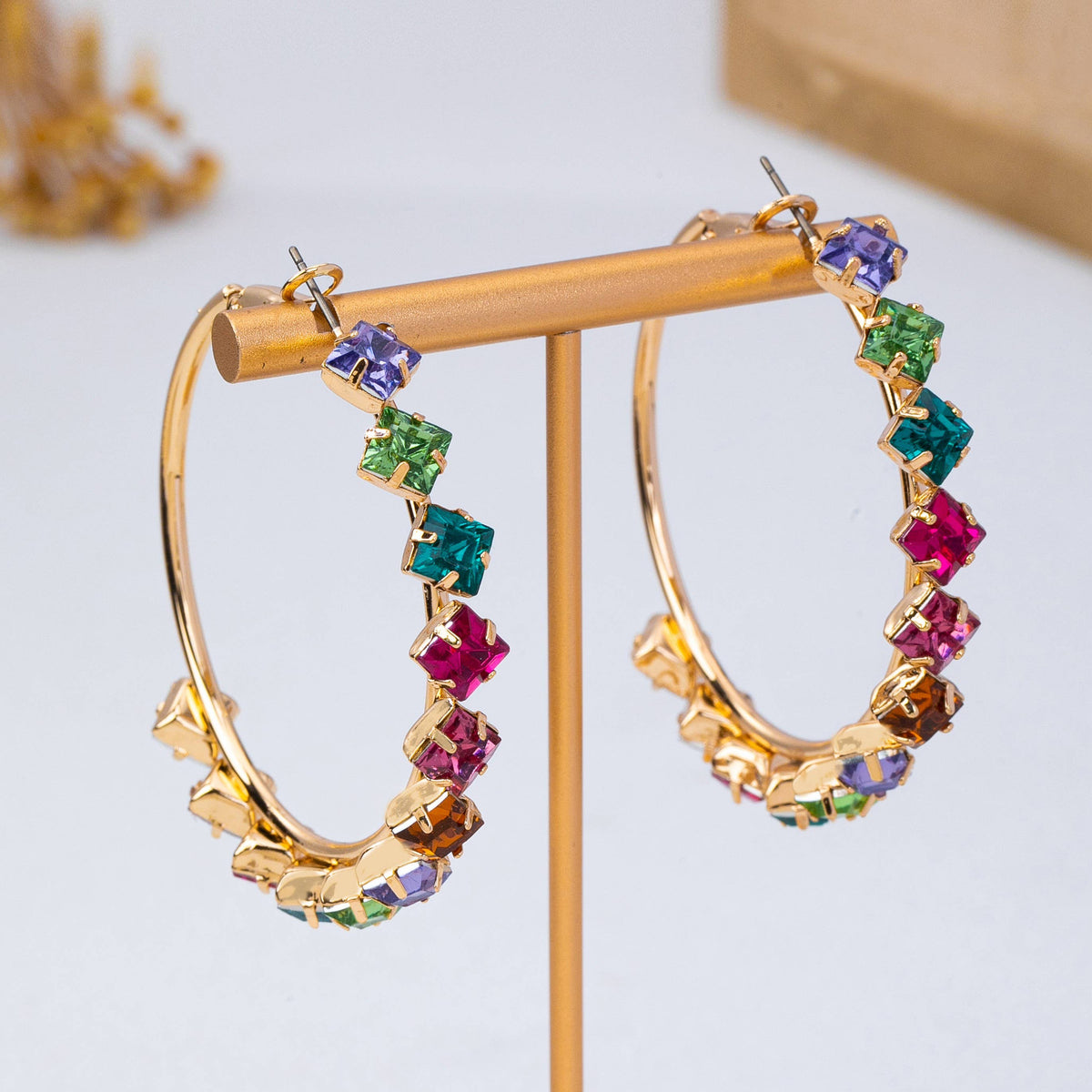 Multi-Color Rainbow Crystal Hoop Earrings