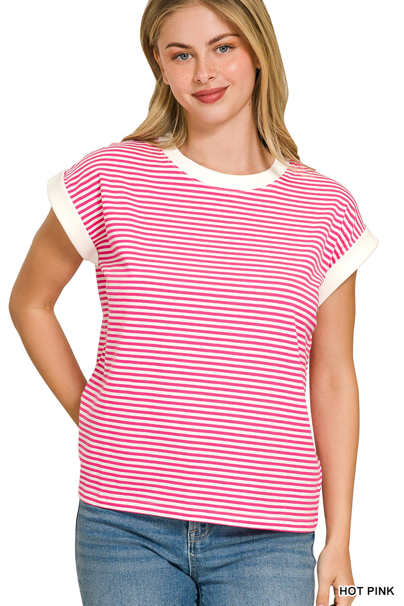 Simple Striped Tee-Hot Pink