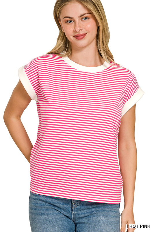 Simple Striped Tee-Hot Pink