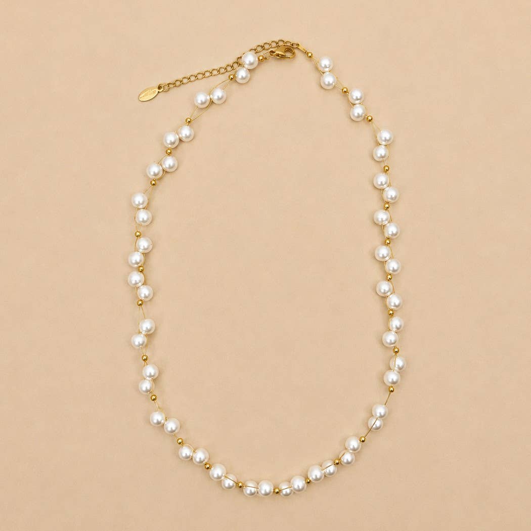 Faux Baroque Pearl & Gold Wire Station Necklace