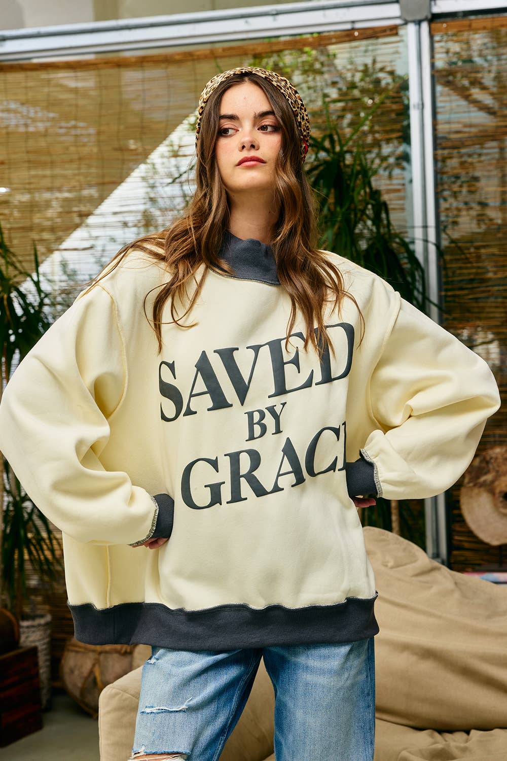 Saved by Grace Puff Print Sweatshirt: CREAM / PINK