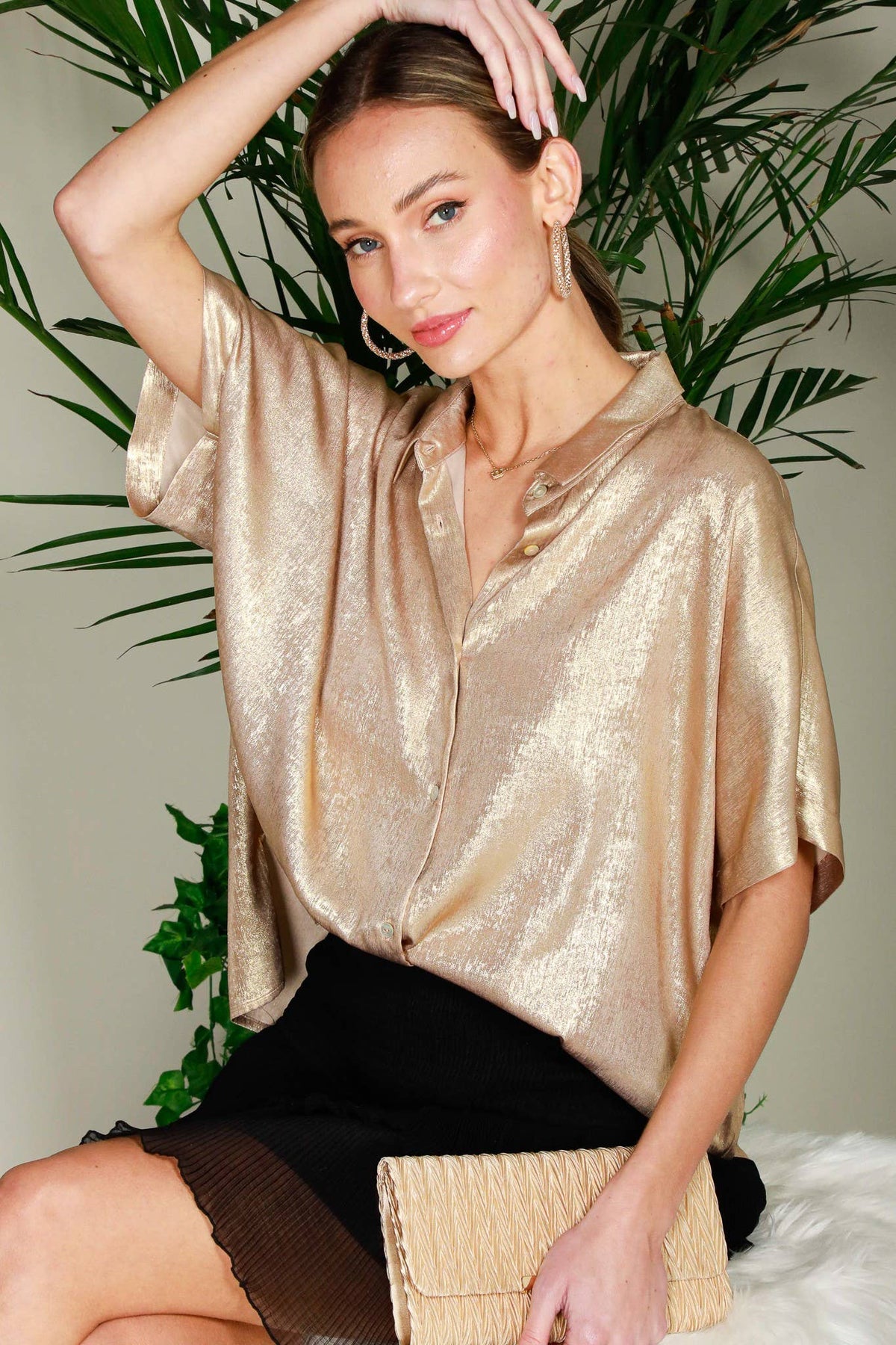 Collared Neck Button Down Metallic Woven Top Gold
