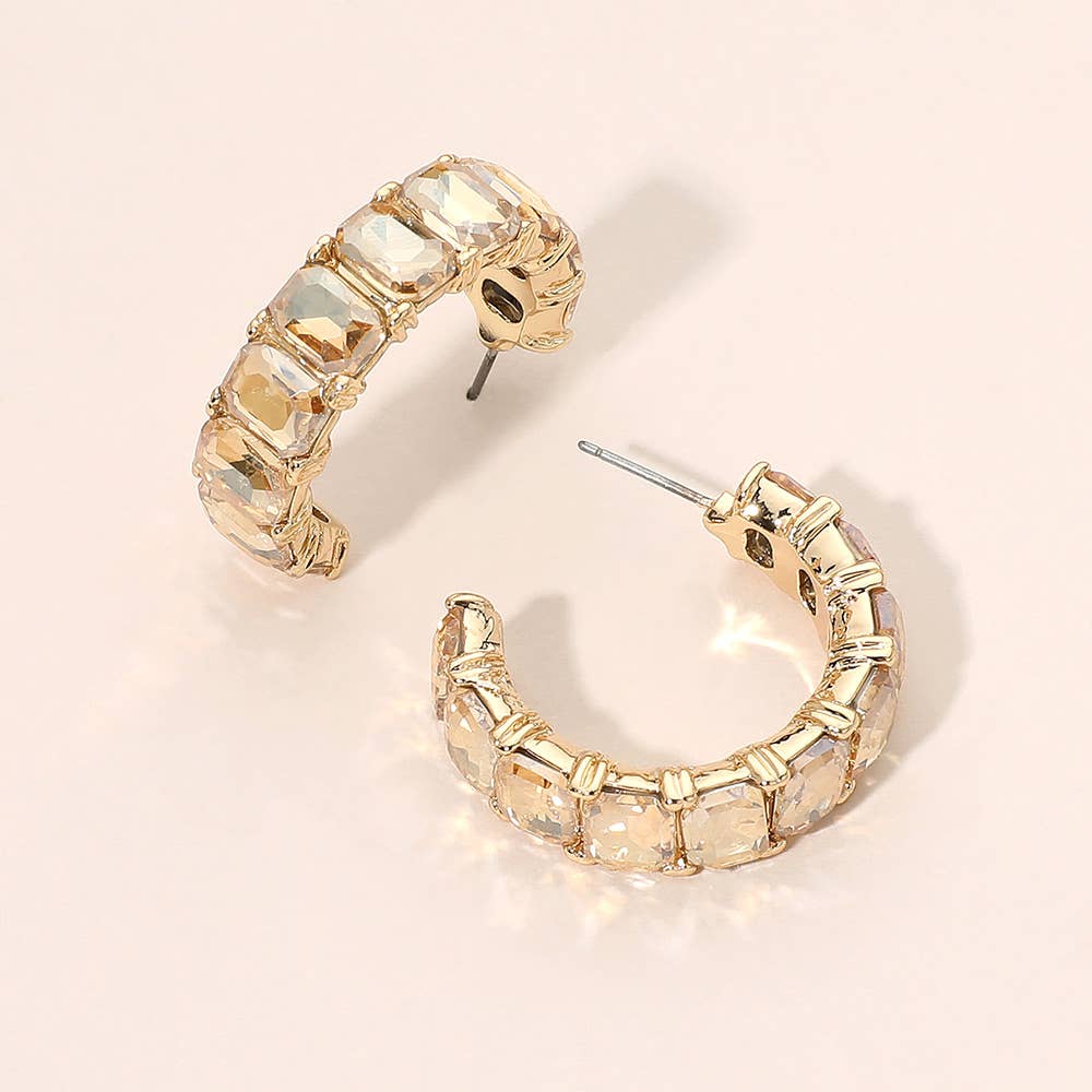 Faceted Rectangular Gem Curved Hoop Earrings: AB,Gold