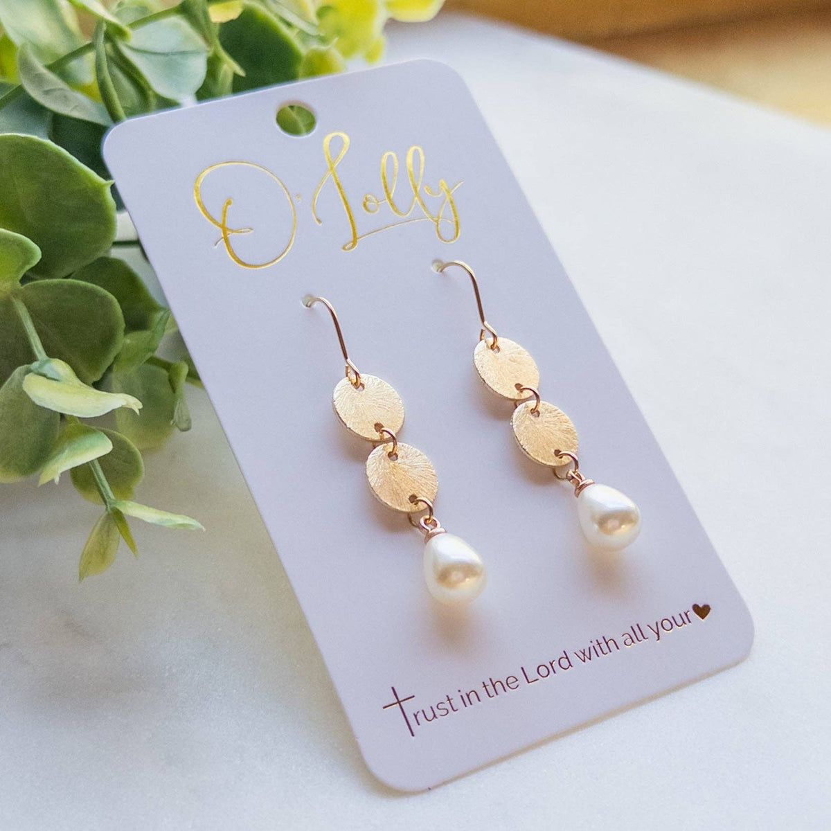 Gold Textured Discs w/Pearl Dangle Earrings “Kimberly”
